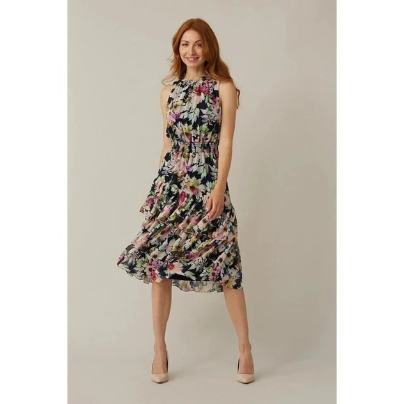 Joseph Ribkoff Sz 16 Midnight Blue-Multi Floral Halter Dress Style 221334 Easter - Picture 1 of 15